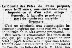 Article de presse sur la cavalcade de la mi-carême en 1906 à Paris