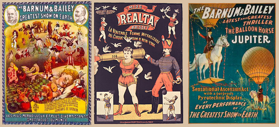 3 affiches colorées du cirque Barnum